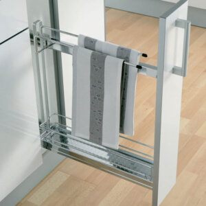 90° Storage basket and towel holder set, 100 mm width, for 150 mm cabinet width