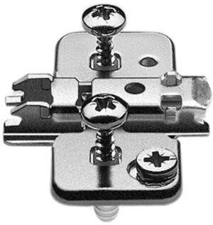 Blum 0mm cruciform cam mounting plate with split dowels and screws